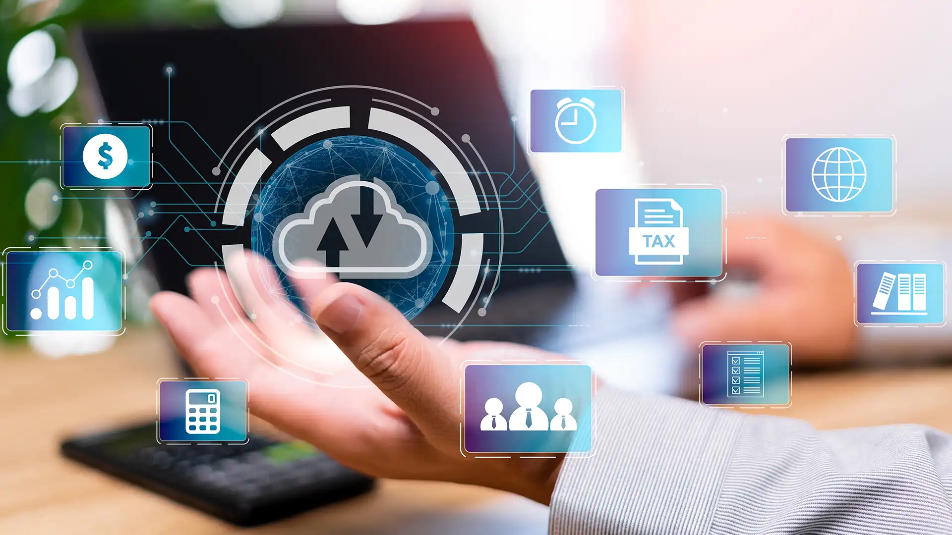 Business professional interacting with a futuristic digital interface showcasing cloud expense management icons, including cloud storage, financial analytics, and data security, highlighting Prudent's innovative solutions for managing cloud costs efficiently