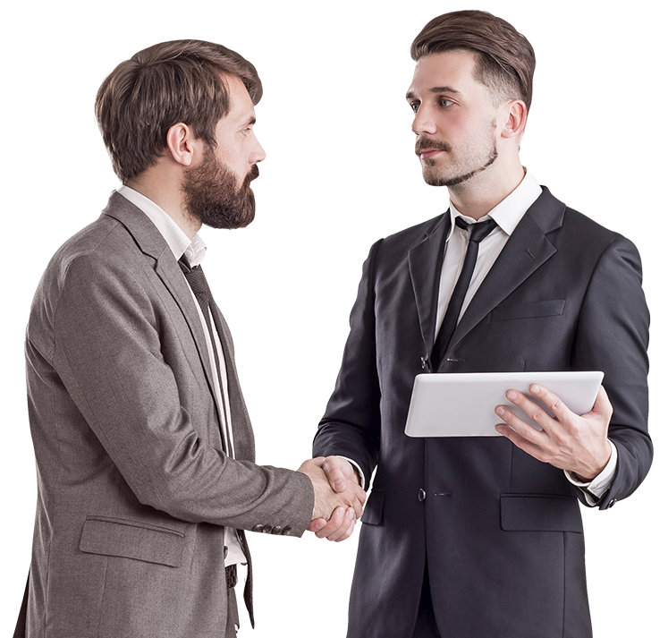 Two businessmen in suits shaking hands, one holding a digital tablet, representing a successful partnership in tech expense management. This image illustrates Prudent's commitment to providing savings and strategic solutions that streamline processes and drive business growth