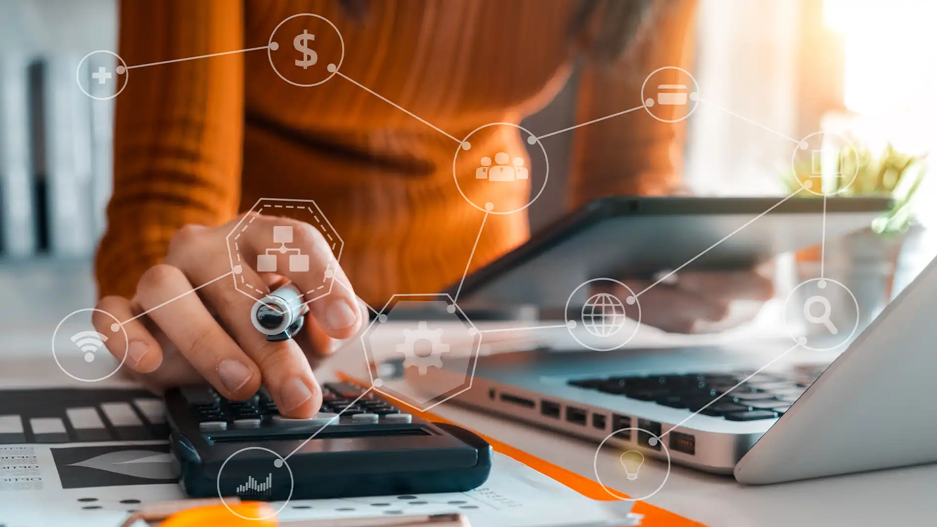 Business professional using a calculator and laptop to strategize on mobility expense management, surrounded by digital icons representing wireless networks, budgeting, and global connectivity, emphasizing Prudent's expertise in efficient mobility cost control