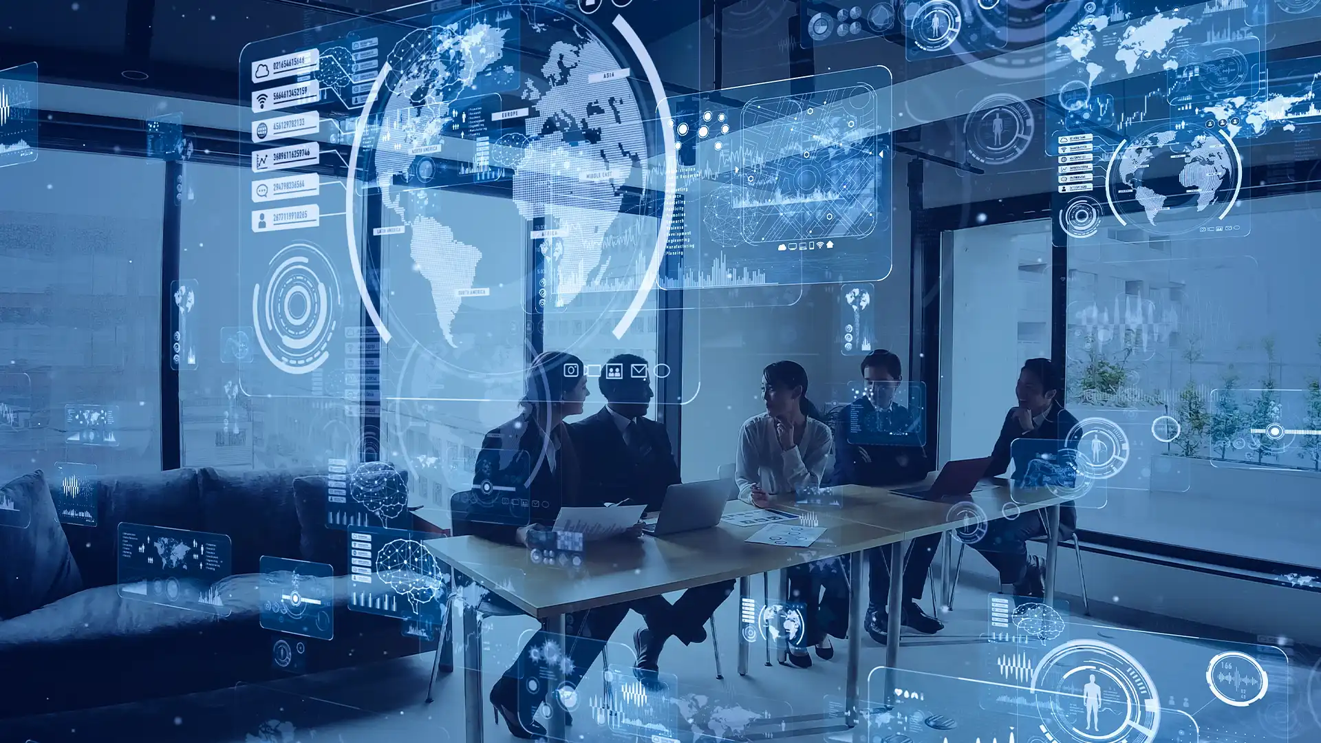 Business professionals engaged in a strategic meeting, surrounded by futuristic digital displays showing SaaS metrics and global data networks. This image highlights Prudent's advanced SaaS Expense Management solutions that enable businesses to optimize software investments and maintain operational efficiency without compromising financial integrity