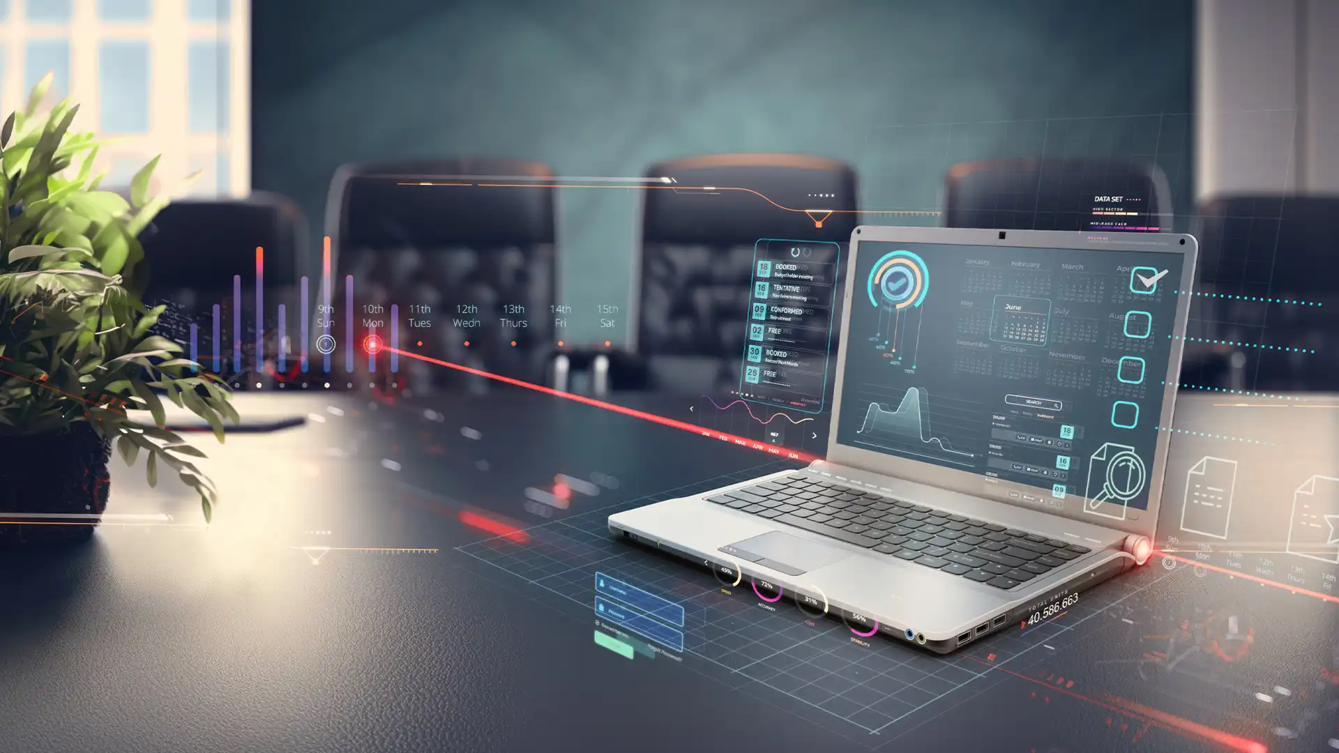 Advanced SaaS expense management dashboard displayed on a laptop in a modern workspace, illustrating dynamic analytics and performance metrics, showcasing Prudent's capabilities in streamlining and optimizing software-as-a-service costs