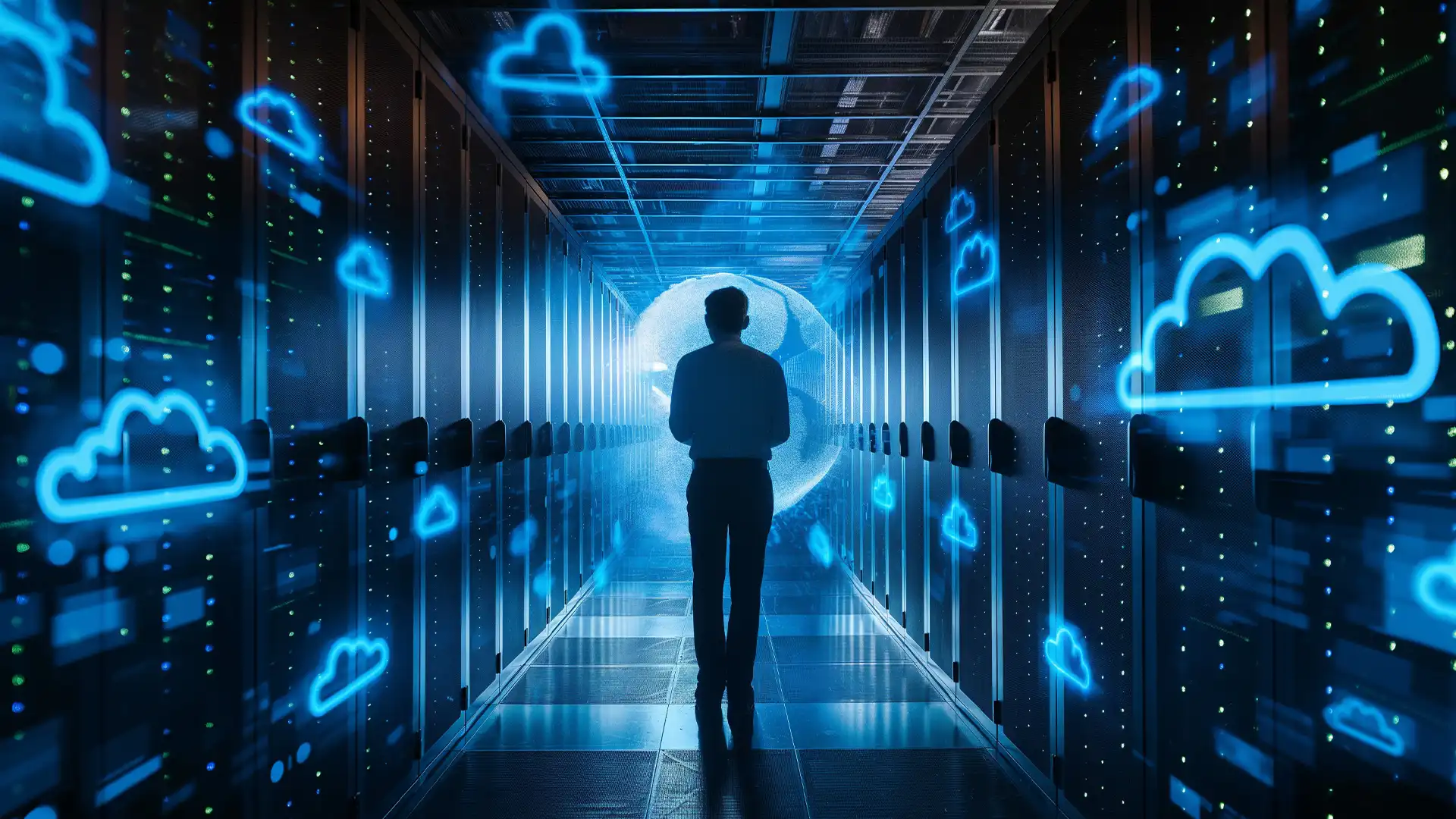 Futuristic vision of a person in a data center with holographic cloud icons, symbolizing Prudent's commitment to simplifying and optimizing telecom infrastructures in the ever-evolving digital landscape