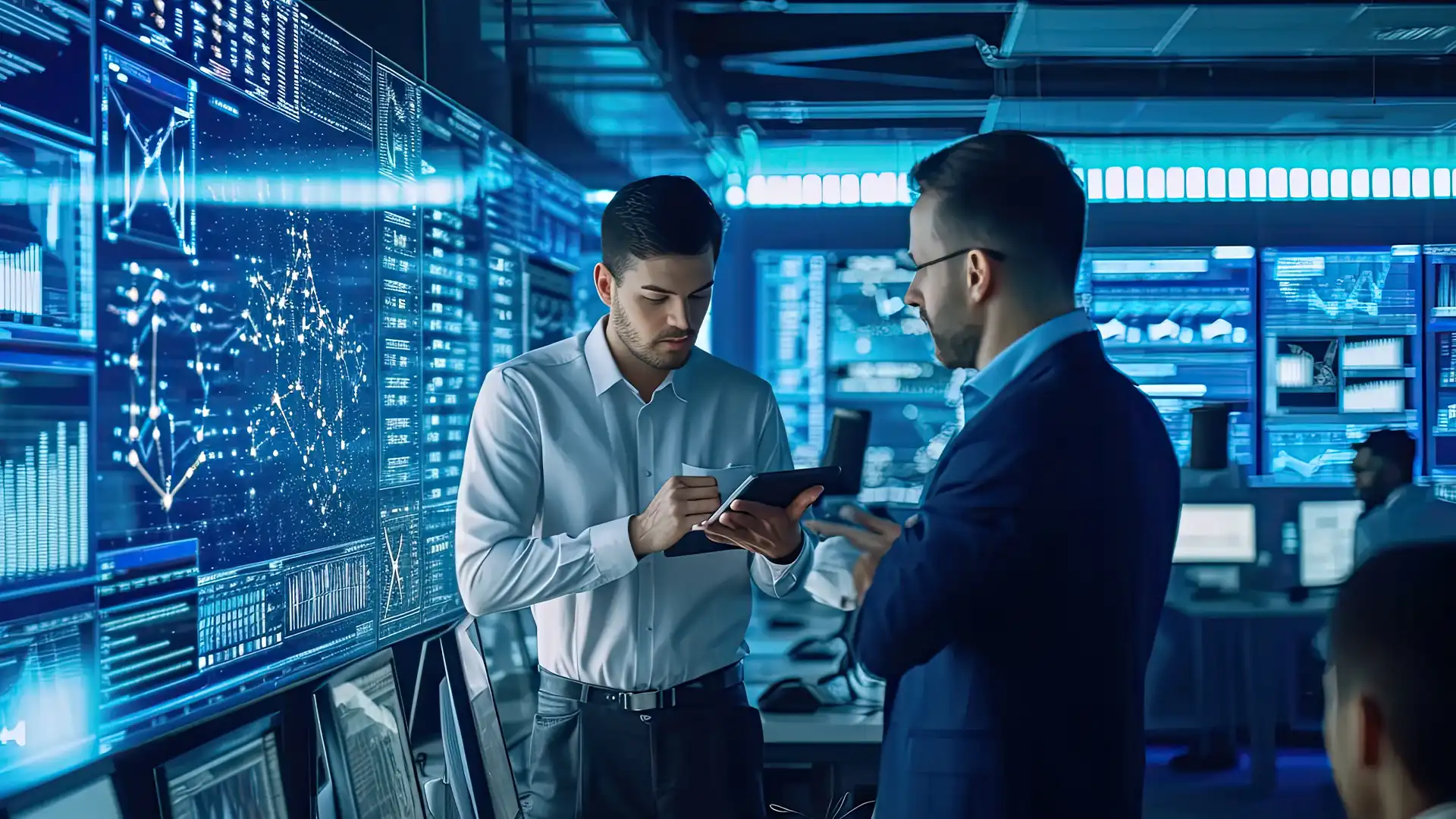 Two professionals in a modern data center with blue ambient lighting, meticulously analyzing telecom expenses on a digital tablet. The background showcases intricate details of server racks with glowing lights, symbolizing the rigorous process of Telecom Expense Management (TEM). This image epitomizes Prudent's commitment to transforming telecommunications spending from mere cost to strategic business investment, ensuring every dollar contributes to growth and efficiency