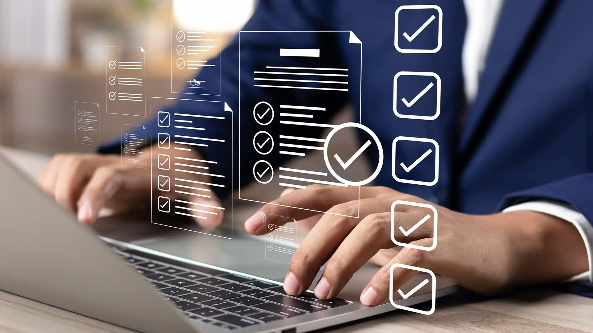 Close-up of a business professional’s hands using a laptop to meticulously evaluate and compare cloud providers, focusing on service level agreements and interface quality, reinforcing Prudent's comprehensive approach to ensuring optimal cloud solutions for clients